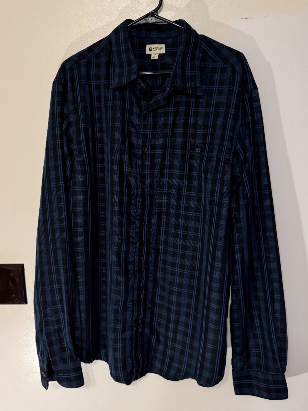 Haggar shirt XLT button down long sleeve blue and black plaid. Very nice shape